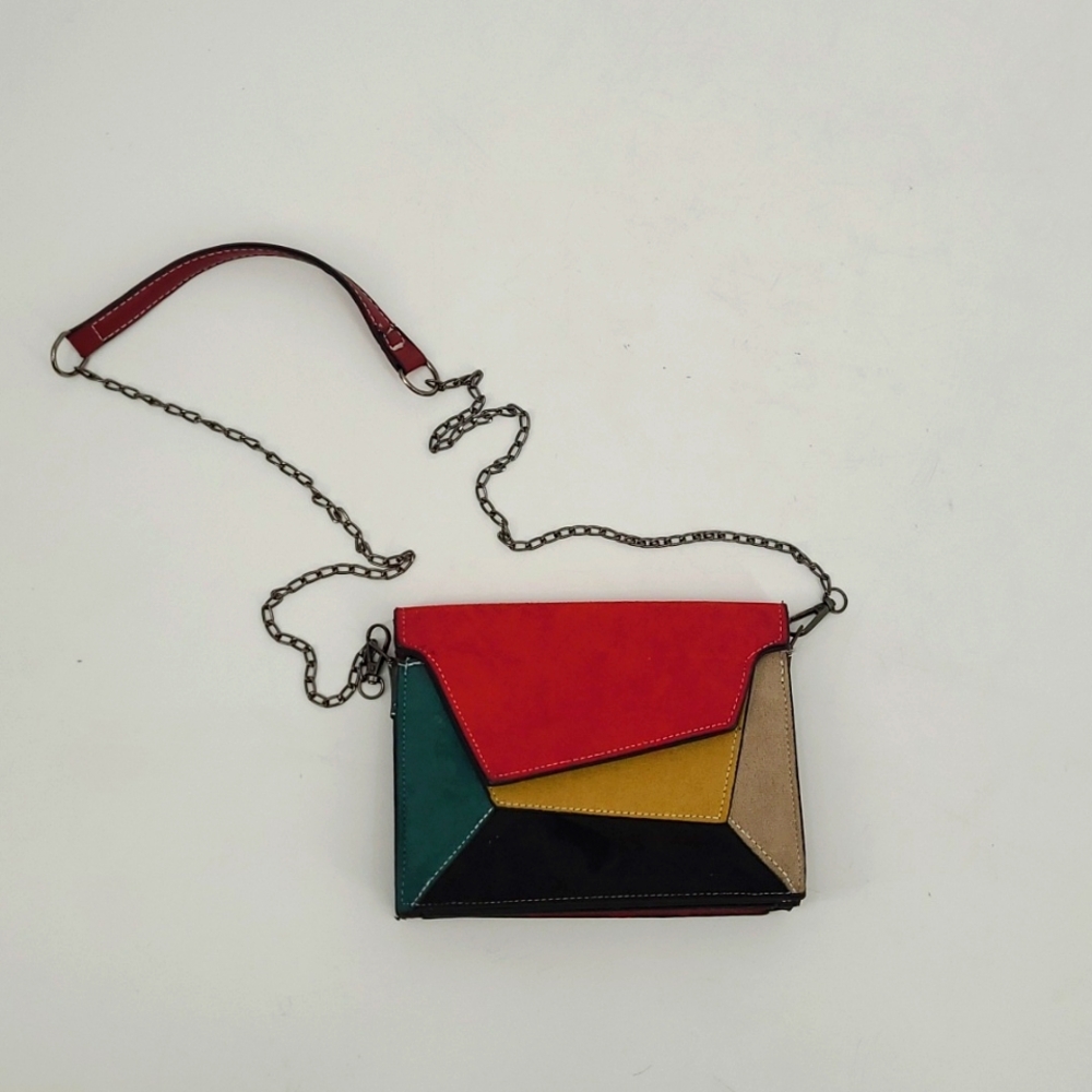 Colorblock Faux Suede Crossbody Bag Geometric Multi Color Chain Strap Clutch